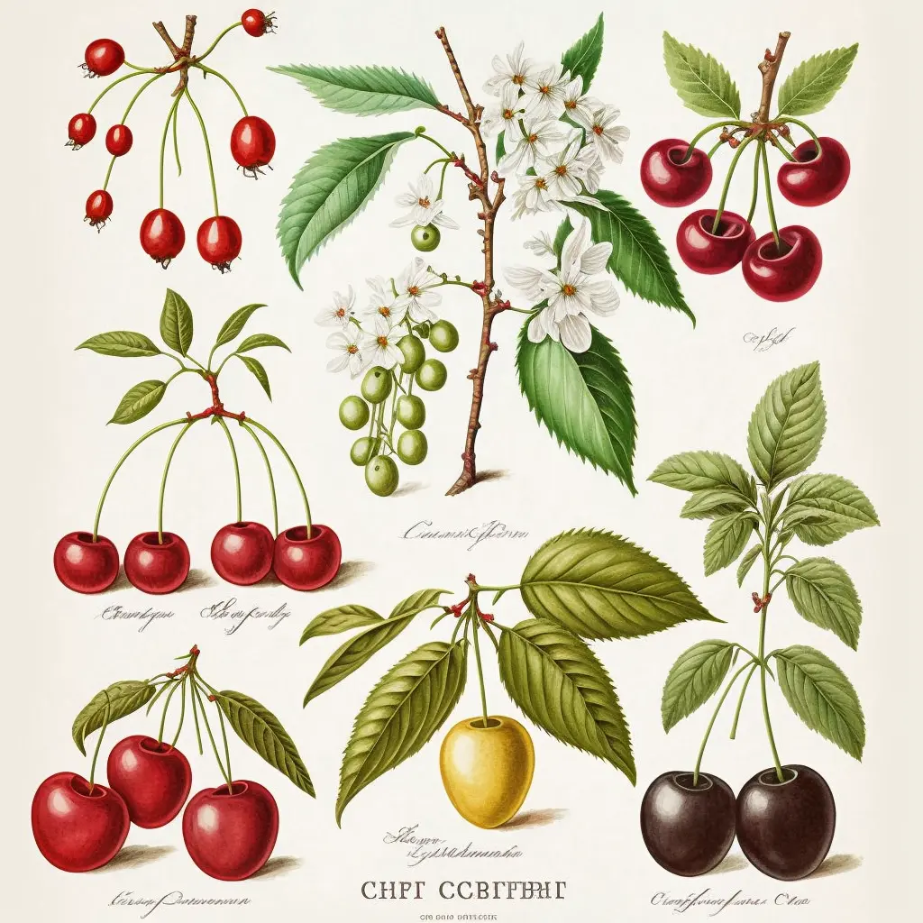 cherry varieties, botanical illustration, white background, style of Pierre-Joseph Redoute